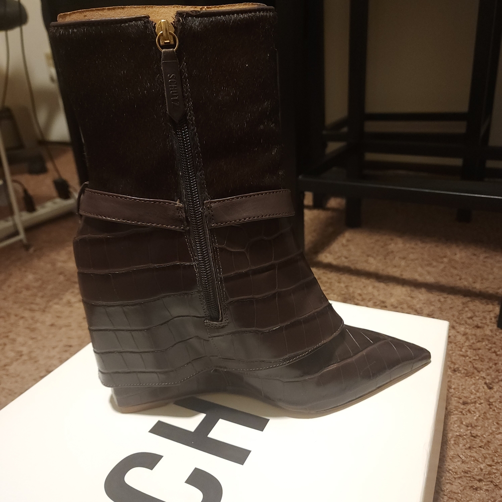 Schutz Dark Brown Ankle Boots with Croc Texture